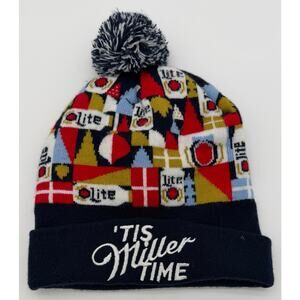 Miller Lite Tis Miller Time Holiday Beanie‎ Knit Hat Pom Pom Beer Blue Red White